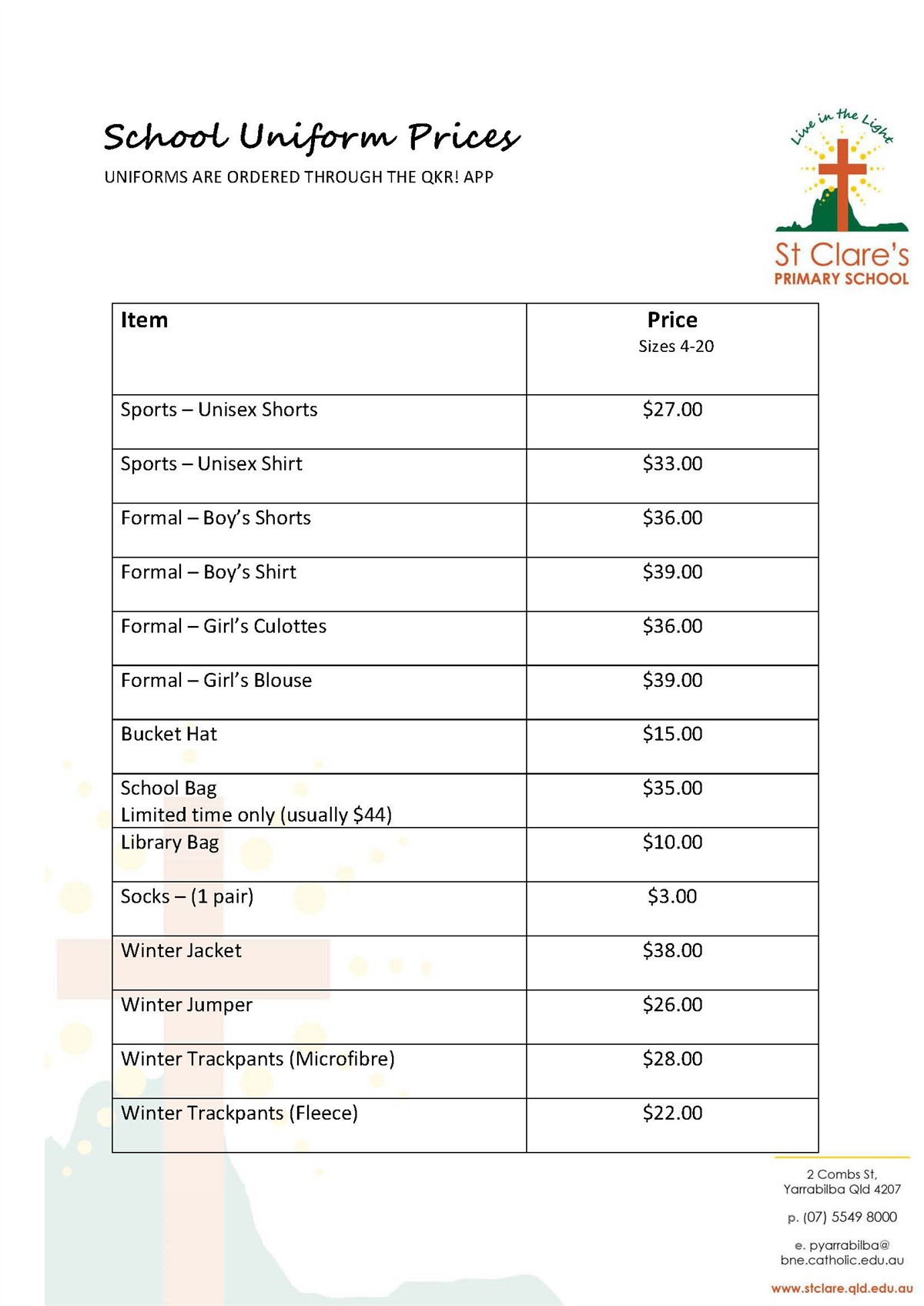 Uniform Price List Page 1