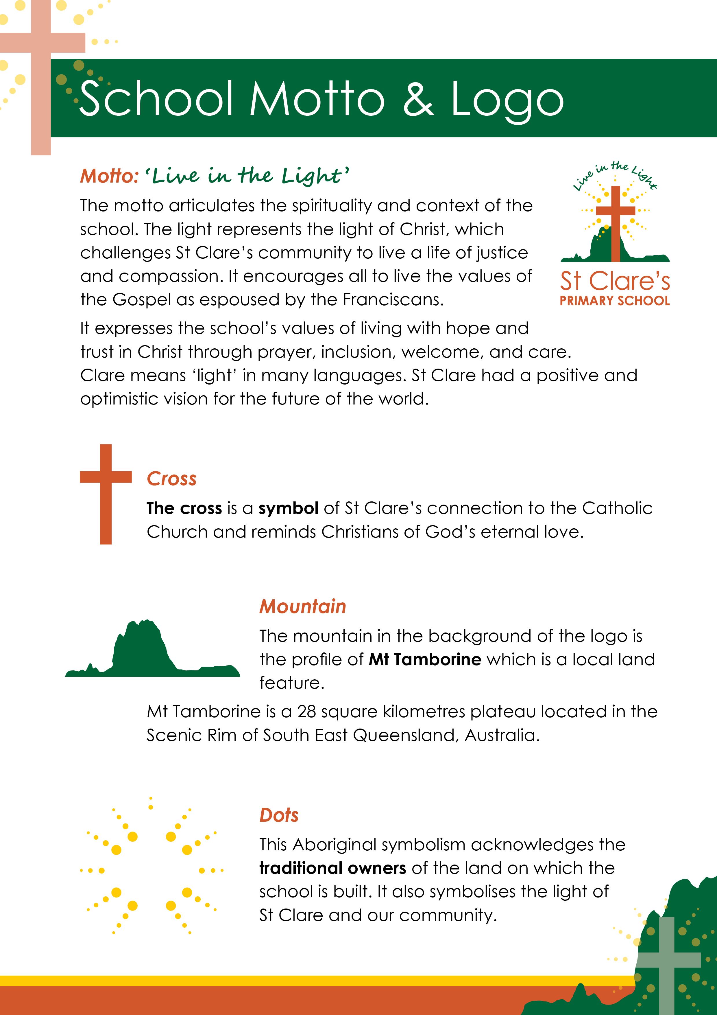 St Clare's school motto “Live in the Light” and the meaning behind its logo elements, including a cross, mountain and symbolic dots.