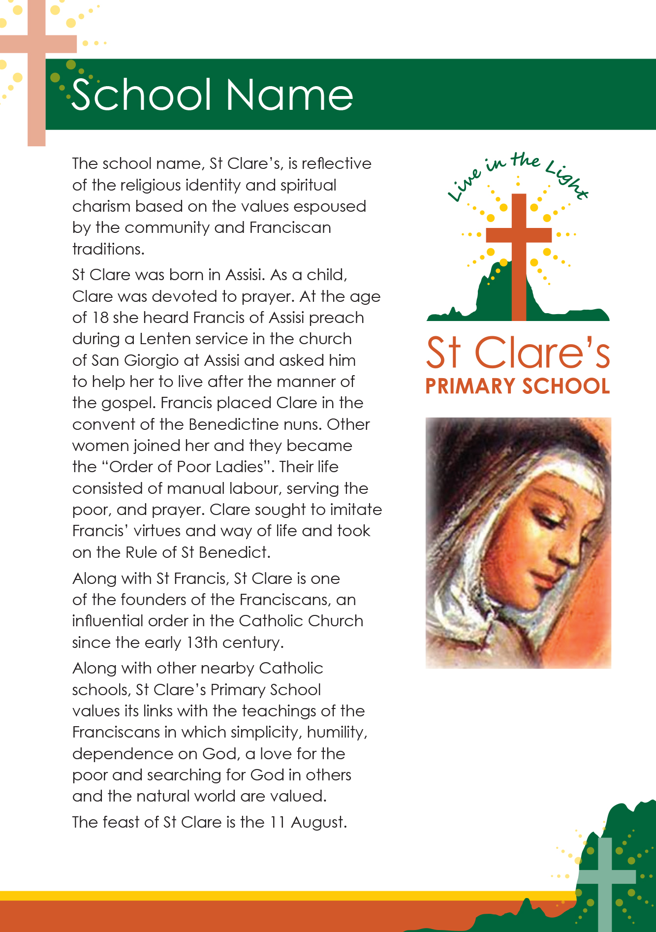 Poster explaining the history and identity of St Clare’s Primary School, featuring text about St Clare, a cross graphic, and an illustration of a saint.