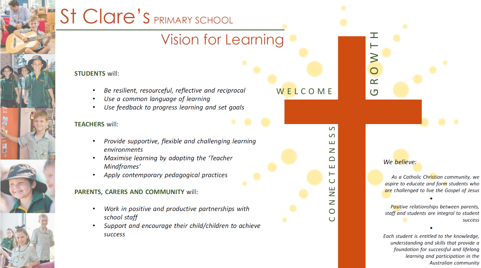 St Clare’s Primary School Vision for Learning, including goals for students, teachers, and parents, alongside a cross with words welcome, growth and connectedness.